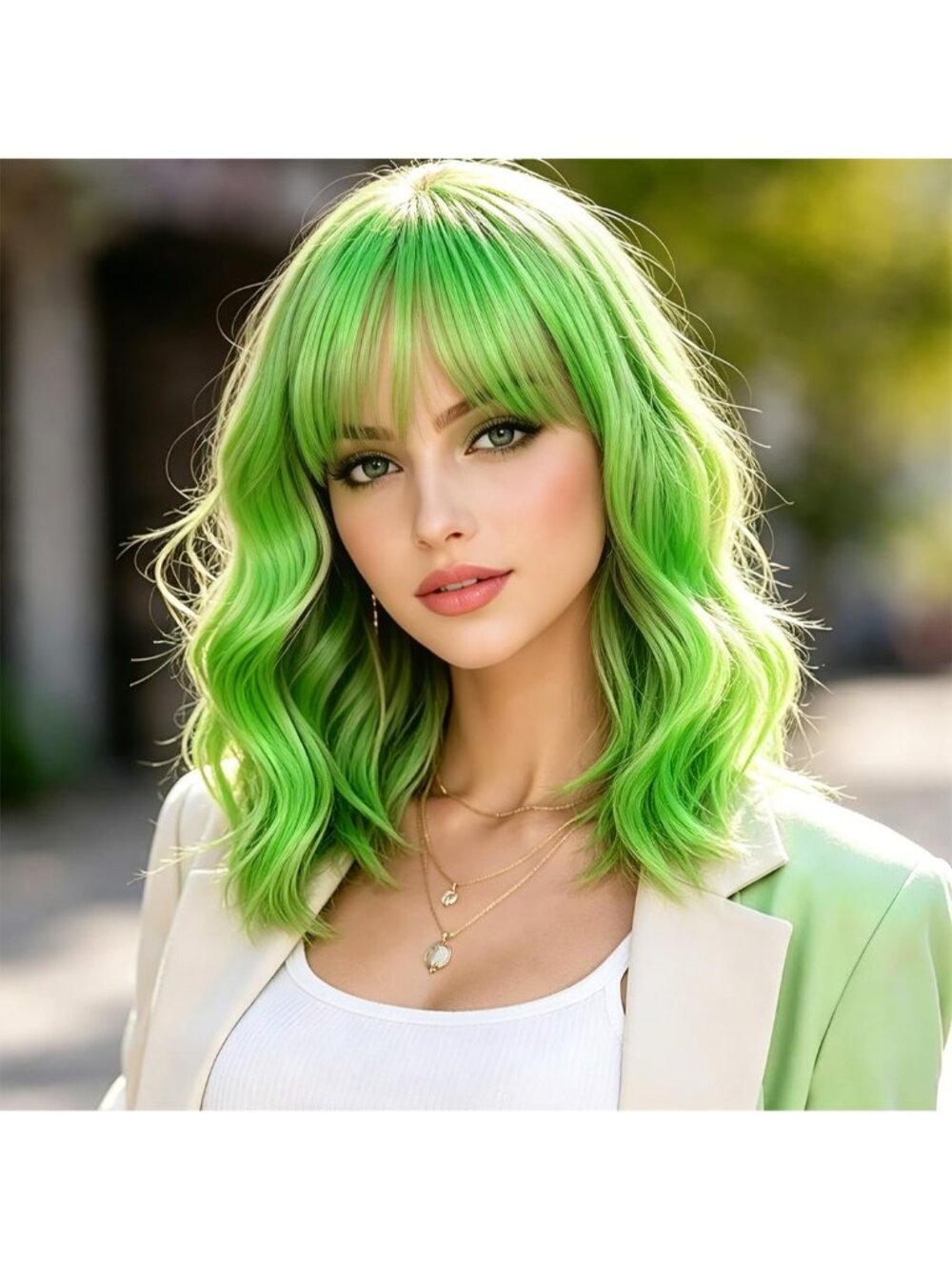 Women's Olive Green Wavy Synthetic Shoulder Length Sweetie Bob Wig Bangs